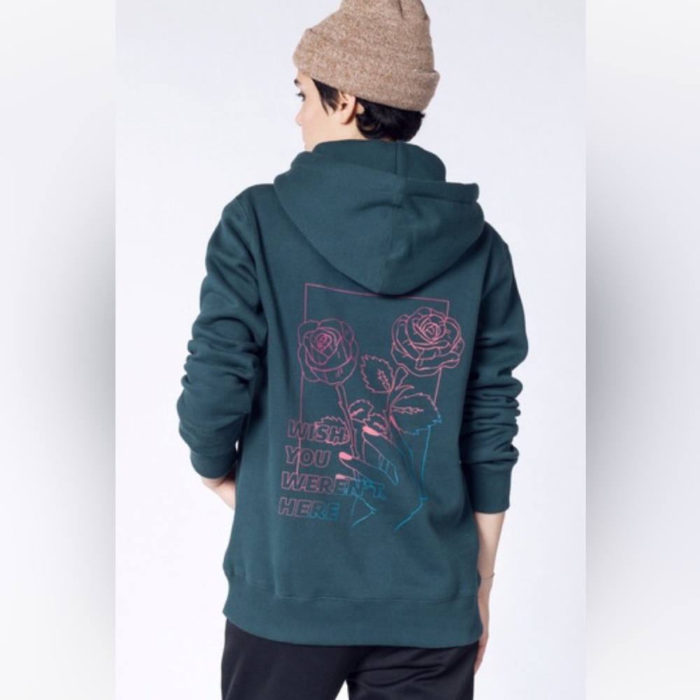 Wildfang Stone Row green hoodie “Wish you weren’t here” graphic